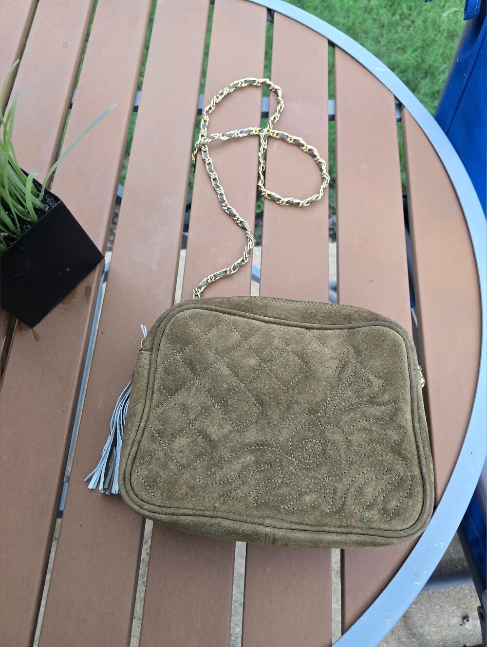 Austin Design Olive Suede Quilted Crossbody Bag with Gold Tone Chain Strap.